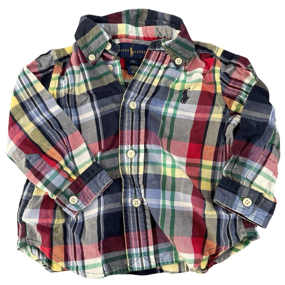 Ralph Lauren Multicolor Plaid Button Down Shirt 9M Long Sleeve Pony Logo